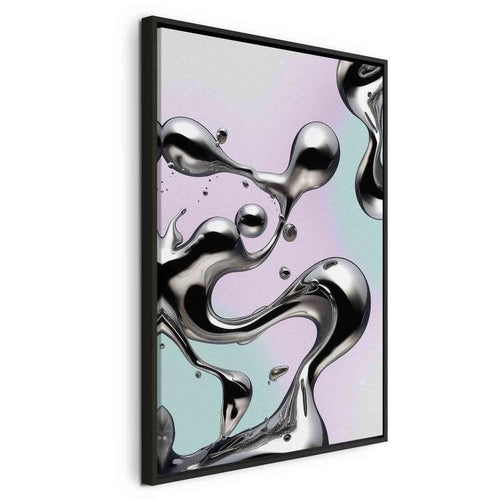 Quadro - Metallic Fluidity - Abstract Silver Forms on a Mint-Purple Background