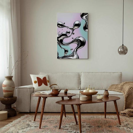 Quadro - Metallic Fluidity - Abstract Silver Forms on a Mint-Purple Background