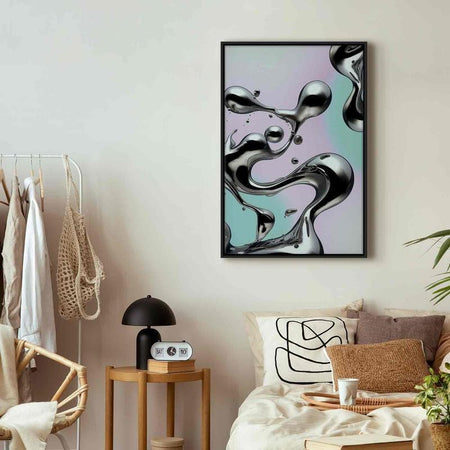 Quadro - Metallic Fluidity - Abstract Silver Forms on a Mint-Purple Background