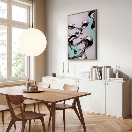 Quadro - Metallic Fluidity - Abstract Silver Forms on a Mint-Purple Background