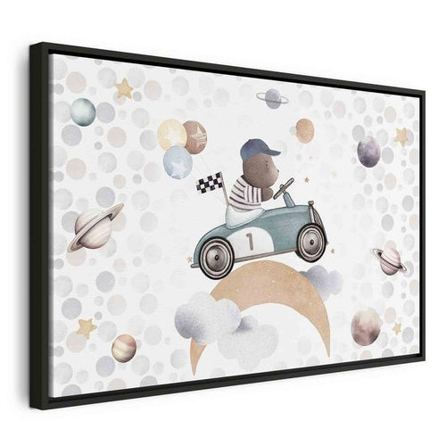 Quadro - Galactic Races - A Bear Participating in Car Races Among Planets Clouds and Stars in Pastel Hues