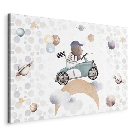 Quadro - Galactic Races - A Bear Participating in Car Races Among Planets Clouds and Stars in Pastel Hues