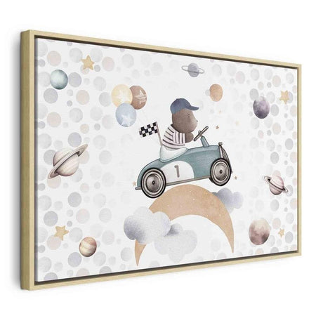 Quadro - Galactic Races - A Bear Participating in Car Races Among Planets Clouds and Stars in Pastel Hues