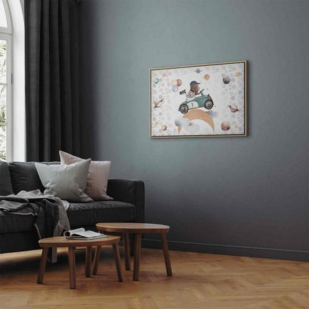 Quadro - Galactic Races - A Bear Participating in Car Races Among Planets Clouds and Stars in Pastel Hues