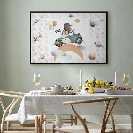 Quadro - Galactic Races - A Bear Participating in Car Races Among Planets Clouds and Stars in Pastel Hues