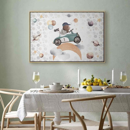 Quadro - Galactic Races - A Bear Participating in Car Races Among Planets Clouds and Stars in Pastel Hues