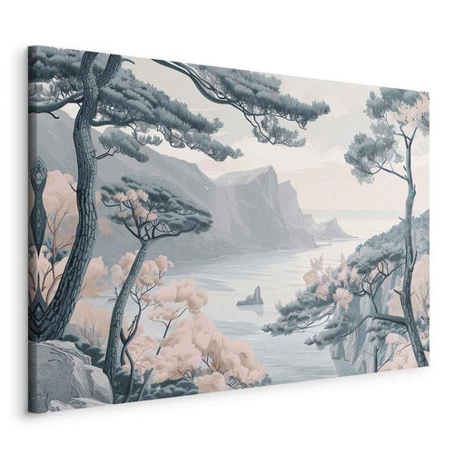 Quadro - Mountainous Coast with Trees and Rocks in Light Pastel Blues