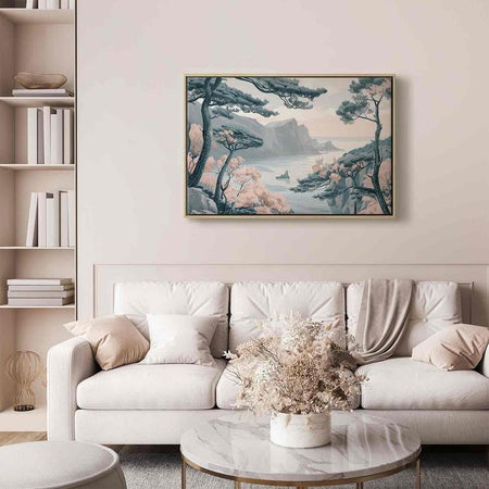Quadro - Mountainous Coast with Trees and Rocks in Light Pastel Blues