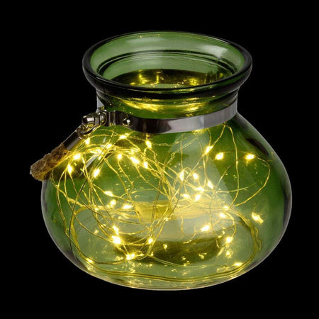 Vaso in vetro con microled a luce calda con manico in corda per decorazioni interne.