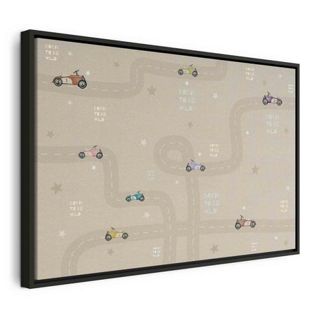 Quadro - Race - Colorful Cars on a Road on a Beige Background with Inscriptions