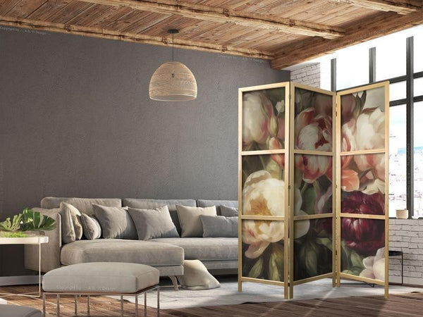 Paravento giapponese - Blooming Peonies - Charismatic Flowers Bathed in Sunlight