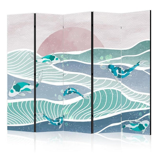 Paravento - Picturesque Landscape With Fish - Sunset And Koi Fish in Shades of Turquoise And Blue Floating Above The Wat