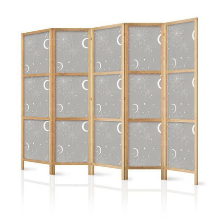 Paravento giapponese - Cosmic Fireworks - Elegant Pattern with Moons and Stars on a Gray Background