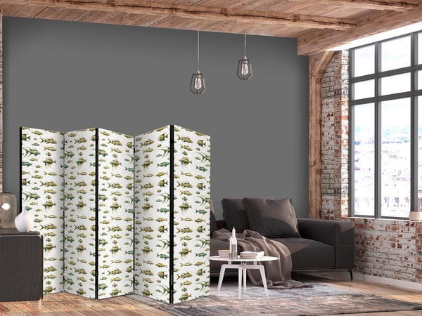 Paravento - Unusual Species of Fish - a Cluster of Fish in Muted Colors in Retro Style Against a Background of Beige Str