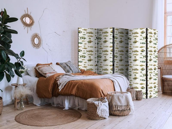 Paravento - Unusual Species of Fish - a Cluster of Fish in Muted Colors in Retro Style Against a Background of Beige Str