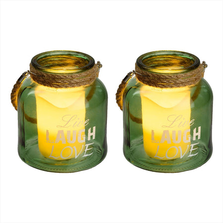 Vasetto in vetro con candela a led con scritte per arredamento da interno.