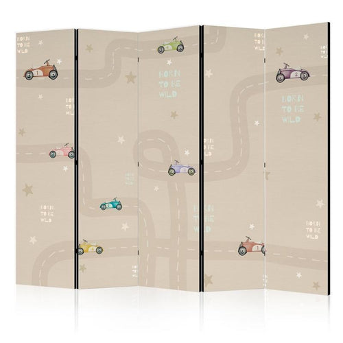 Paravento - Race - Colorful Cars on a Road on a Beige Background with Stars