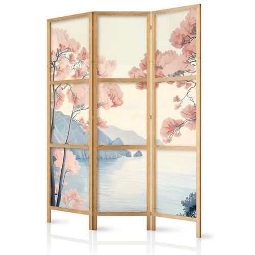 Paravento giapponese - Landscape with the Ocean - Cliffs - and Trees in Delicate Pink Shades