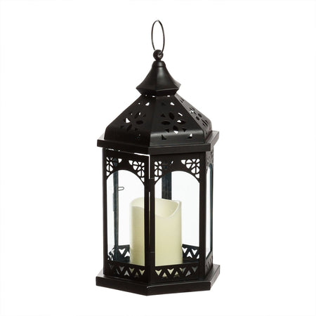 Lanterna in vetro e metallo esagonale con candela avorio effetto fiamma regolabile con telecomando incluso.