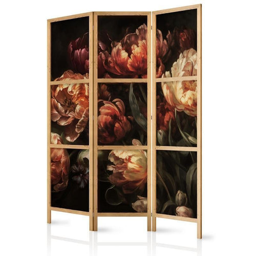 Paravento giapponese - Magnificent Tulips - Bouquet of Flowers in Red and White on a Black Background