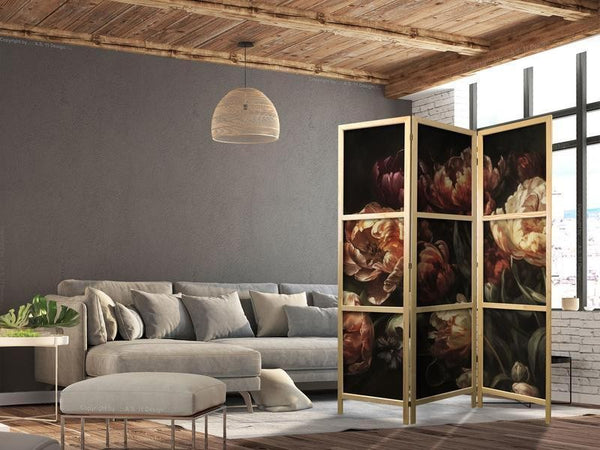 Paravento giapponese - Magnificent Tulips - Bouquet of Flowers in Red and White on a Black Background