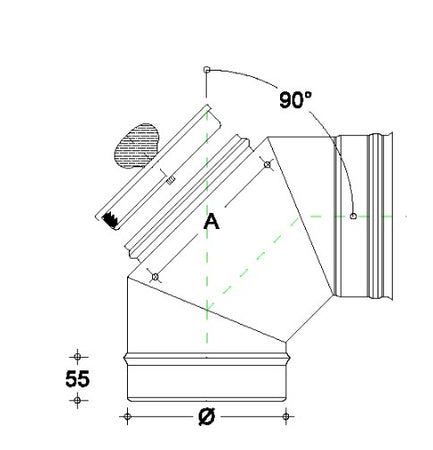 Curva da 220mm gomito MF con ispezione a tappo da in acciaio inox AISI 304