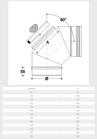 Curva da 200mm gomito MF con ispezione a tappo da in acciaio inox AISI 304