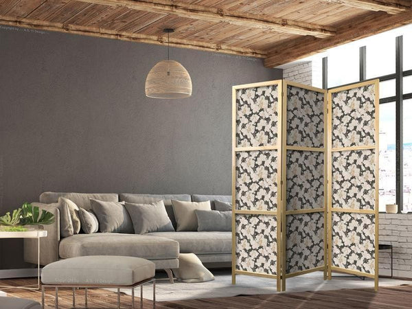 Paravento giapponese - Among Pink Shrubs - White and Beige Rabbits on a Blooming Meadow
