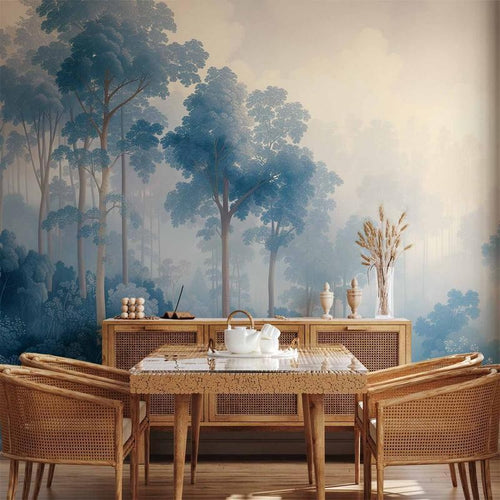 Carta da parati - Landscape with Trees in Illustrative Style Fairy-Tale Blue Forest