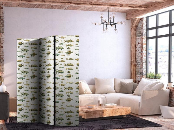 Paravento - Unusual Species of Fish - A Cluster of Fish in Muted Colors in Retro Style on a Background of Beige Strokes