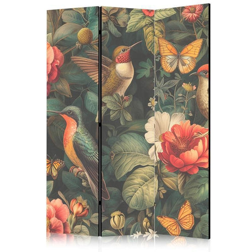 Paravento - In the Botanical Garden - Flowers Birds and Butterflies - Colorful Illustration