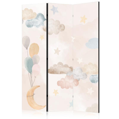 Paravento - Fairy-Tale Moon - Moon with Balloons Among Clouds and Stars in Subdued Colors on a Light Beige Background