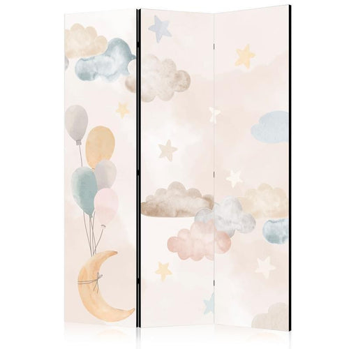 Paravento - Fairy-Tale Moon - Moon with Balloons Among Clouds and Stars in Subdued Colors on a Light Beige Background