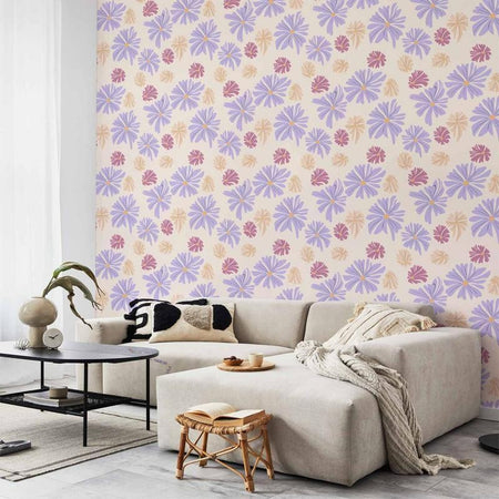 Tappezzeria murale - Floating Flowers - Tiny - wind-borne flowers in three colors - on a light background
