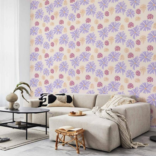 Tappezzeria murale - Floating Flowers - Tiny - wind-borne flowers in three colors - on a light background