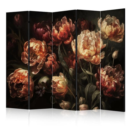Paravento - Magnificent Tulips - Bouquet of Flowers in Red and White on a Black Background