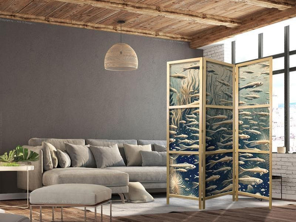 Paravento giapponese Mondo sottomarino in stile retrò 3 ante