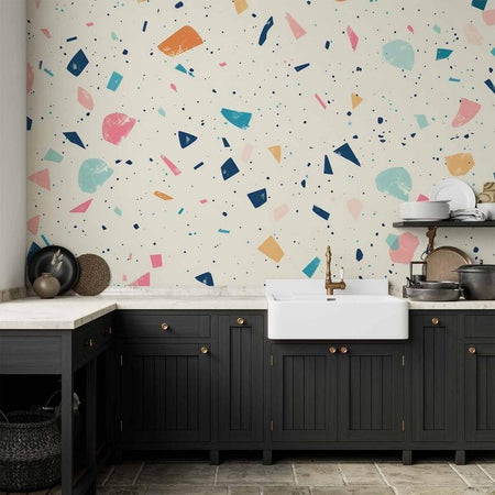 Carta da parati - Terrazzo with Multicolored Large Elements Cheerful Pattern on a Light Background