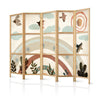 Paravento giapponese - Sun Above the Rainbow - Birds in subdued colors - flying among clouds above a rainbow and vegetat