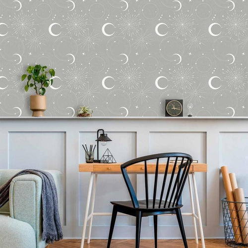 Tappezzeria murale - Cosmic Fireworks - Elegant pattern with moons and stars on a gray background