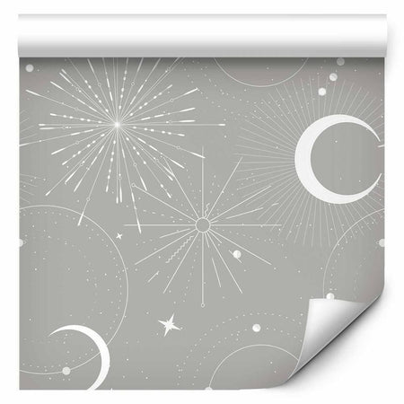 Tappezzeria murale - Cosmic Fireworks - Elegant pattern with moons and stars on a gray background