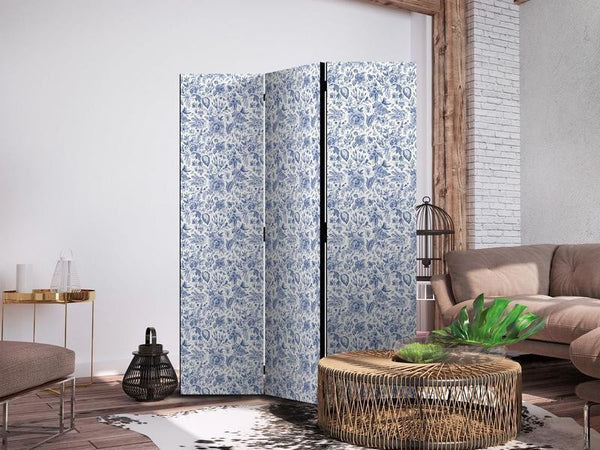 Paravento - Illustration in Vintage Style - Blue Flowers on a White Background