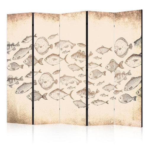 Paravento - Sketch of a Fish School - Sketches of Various Fish Species Swimming in a School on a Beige Background in Vin