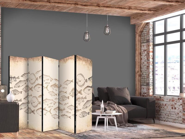 Paravento - Sketch of a Fish School - Sketches of Various Fish Species Swimming in a School on a Beige Background in Vin