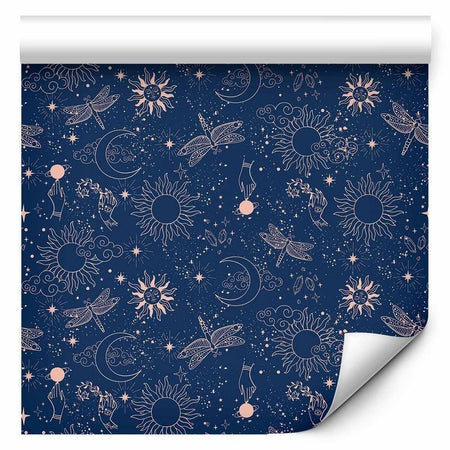 Tappezzeria murale - Cosmic Fantasy - Pattern with Suns - Moons - and Dragonflies on a Dark Background