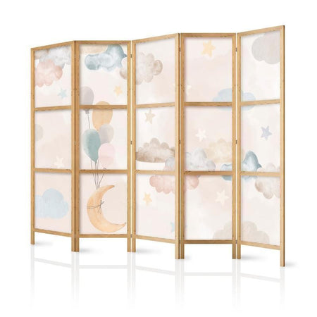 Paravento giapponese - Fairy-Tale Moon - Moon with balloons among clouds and stars in subdued colors on a light beige ba