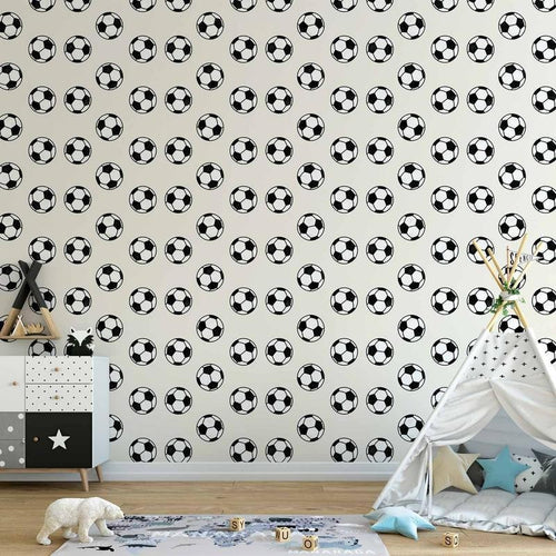 Tappezzeria murale - Soccer - Symmetrical black-and-white soccer balls on a beige background