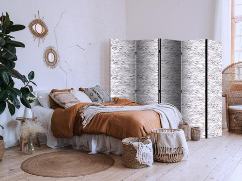Paravento - Fish in Muted Colors - a School of Small Fishes in Light Purple And Delicate Pink Against Grey Waves