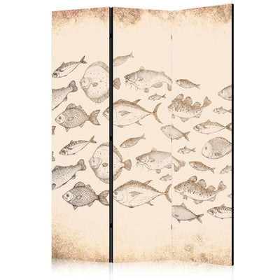 Paravento - Sketch of a Fish School - Sketches of Various Fish Species Swimming in a School on a Beige Background in Vin
