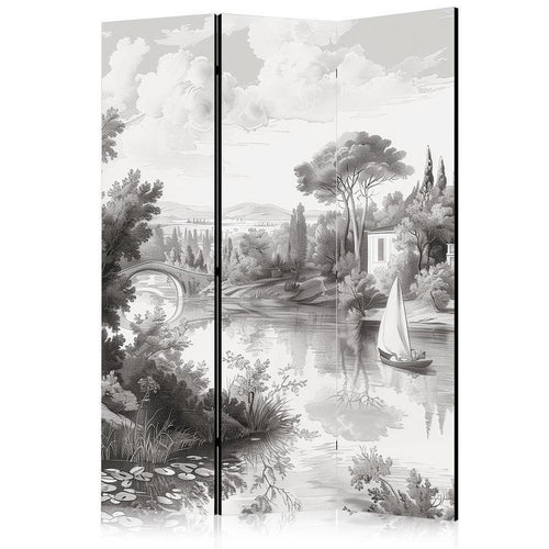 Paravento - Black and White Vintage Landscape - Retro View of a Pond with a Boat